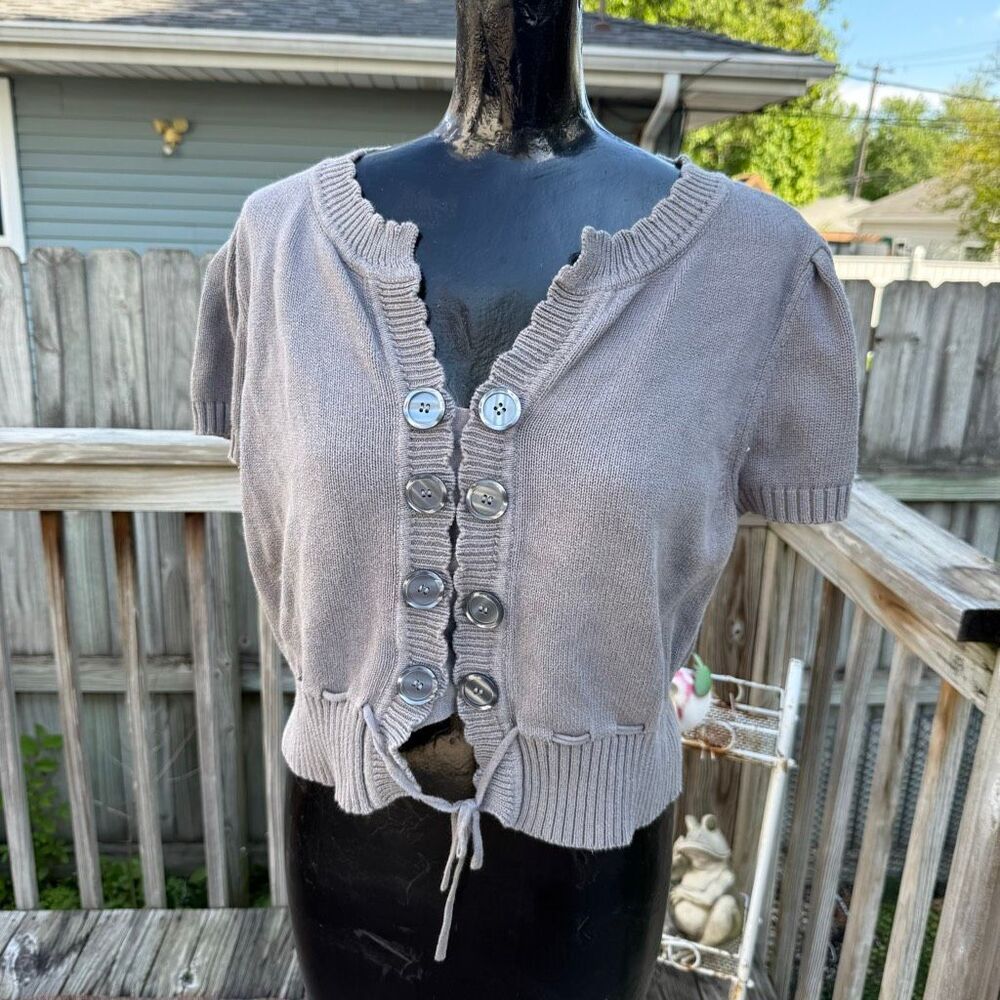Y2K SO Gray Knit Button Front Short Sleeve Sweater Blouse
